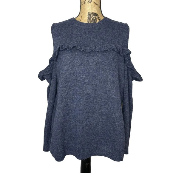 LOFT Sweater Blue Cold Shoulder Ruffle Fuzzy Stretch Long Sleeve‎ Womens Sz XL - Picture 2 of 7